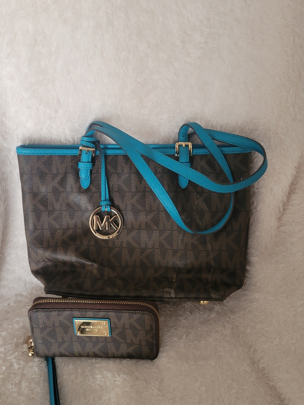 Michael Kors Brown Logo Tote with Turquoise Trim and Wristlet